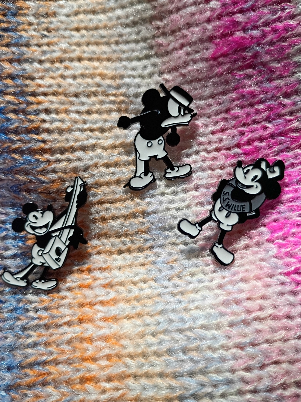 Steamboat Willie Disney Black White Mickey Mouse Set Three Metal Lapel Pins